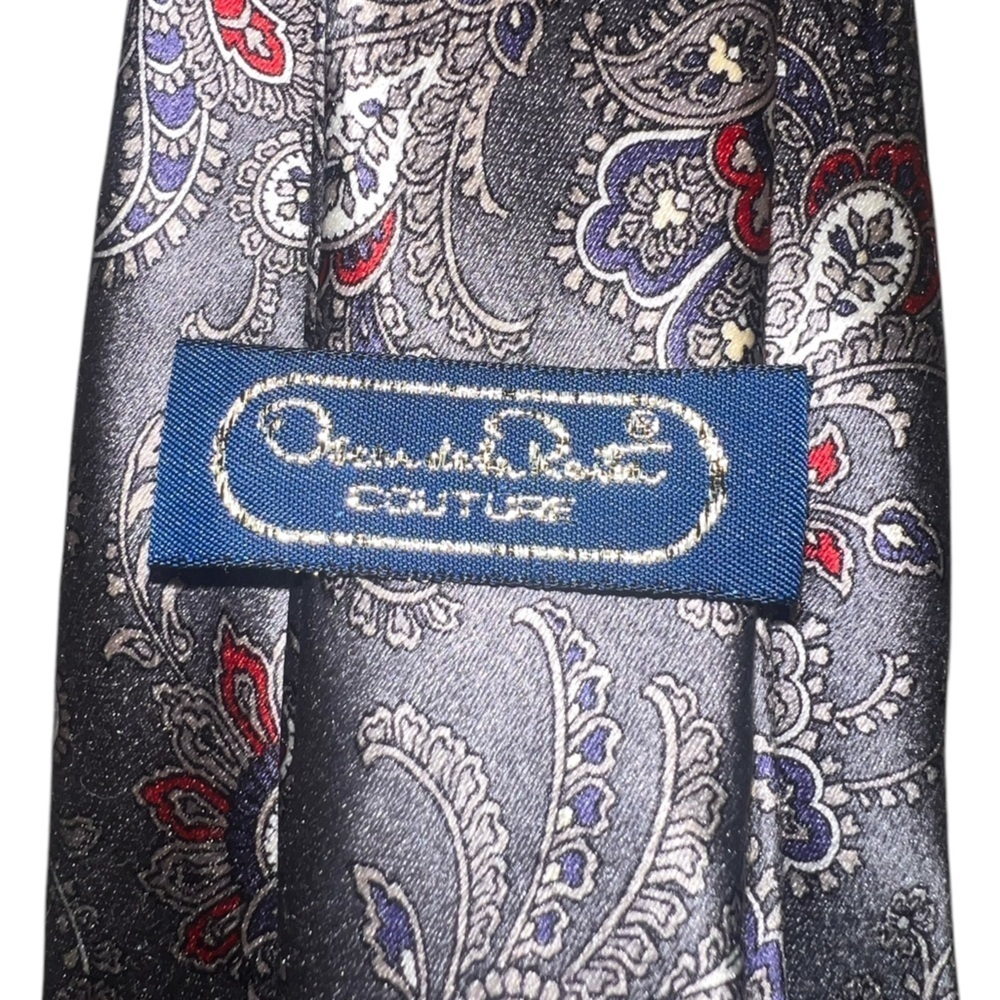 Oscar de la Renta Couture 100% Silk Red Grey Navy Green Paisley Abstract Tie Set - Picture 7 of 12